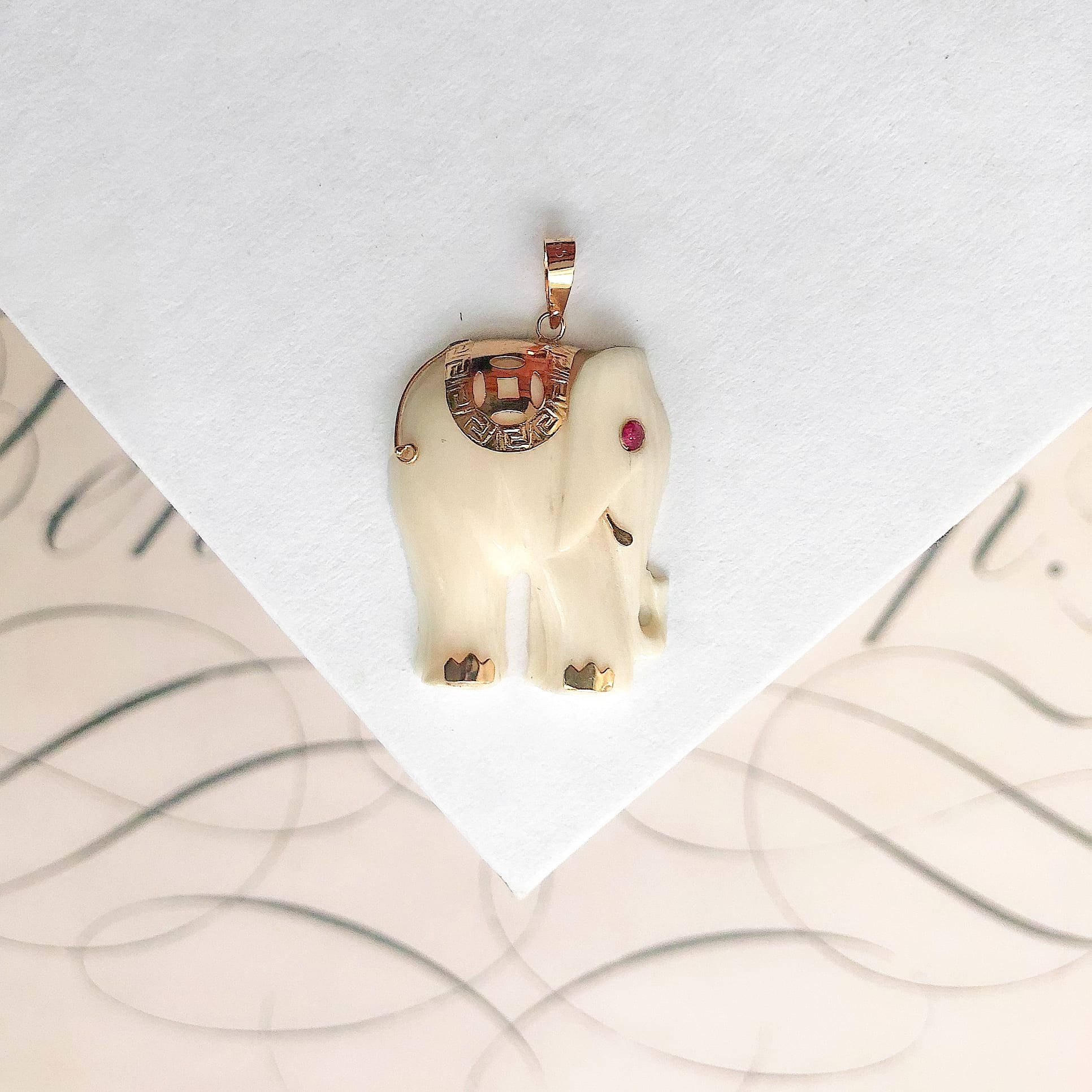 Vintage 14K Gold and Bone Elephant Pendant top