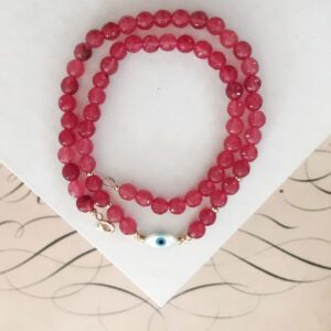 Hilary Raspberry Jade Necklace with Mother of Pearl Evil Eye - Image 3