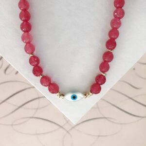 Hilary Raspberry Jade Necklace with Mother of Pearl Evil Eye