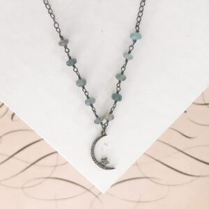 PRIVATE LISTING Diamond Crescent Moon Star Moss Aquamarine Necklace