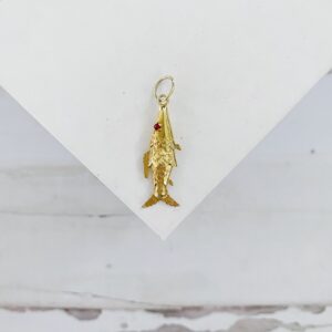 Vintage 14k Gold Articulated Fish Charm Red Eyes