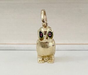 Amazing Vintage Solid 14k Gold Ruby Eye Owl Charm