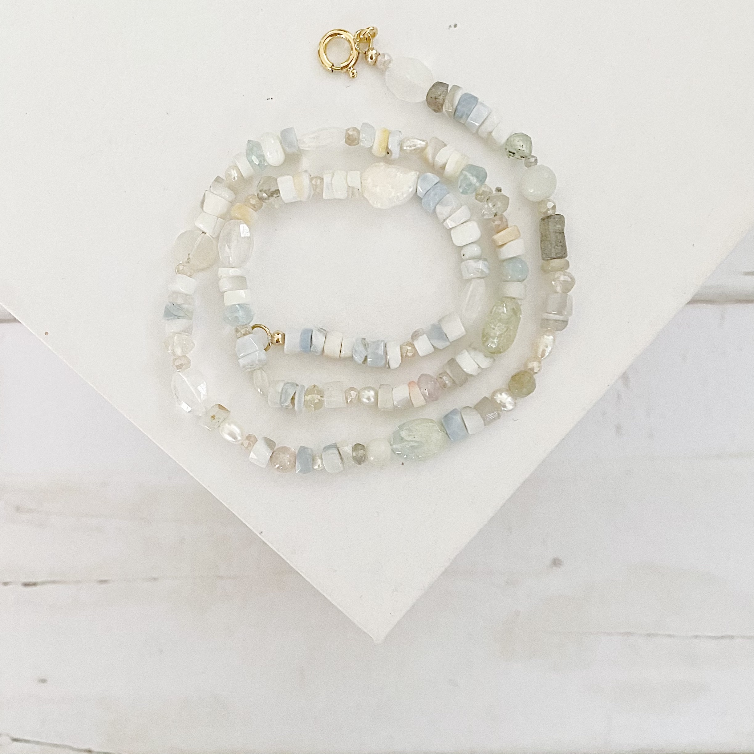 Genova Gemstone Fusion Beaded Gemstone Necklace - Creamy White and Pale Blue