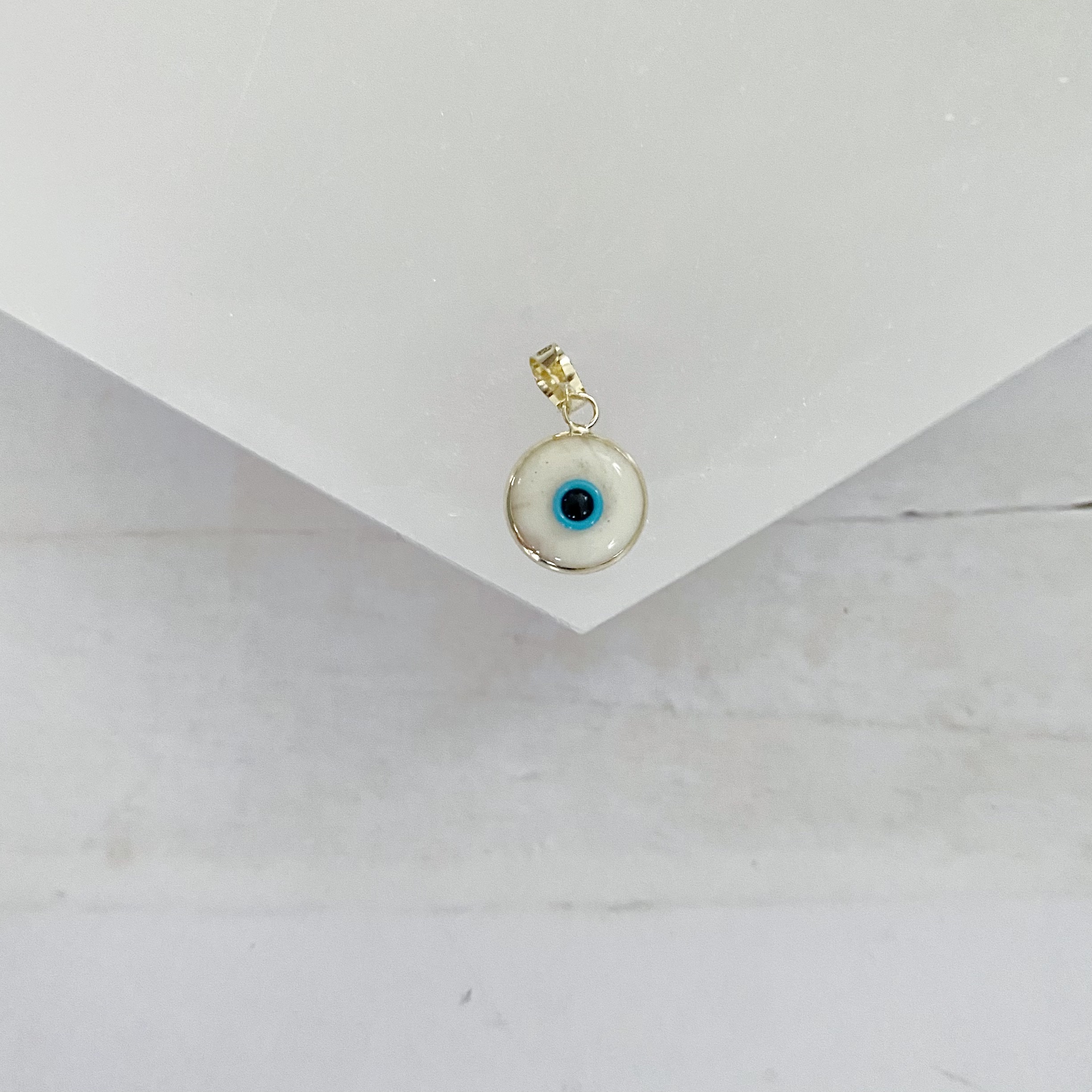 14k Gold White Opaque Glass Evil Eye Pendant