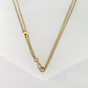 Antique Gold Filled Pearl Red Stone Watch Fob Double Strand Chain Necklace