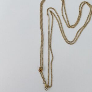Antique Gold Filled Pearl Red Stone Watch Fob Double Strand Chain Necklace - Image 3