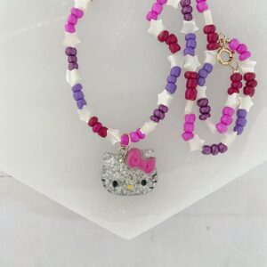 Vintage Retro Sanrio Hello Kitty Glitter Mother of Pearl Star Pink Beaded Necklace - Image 3