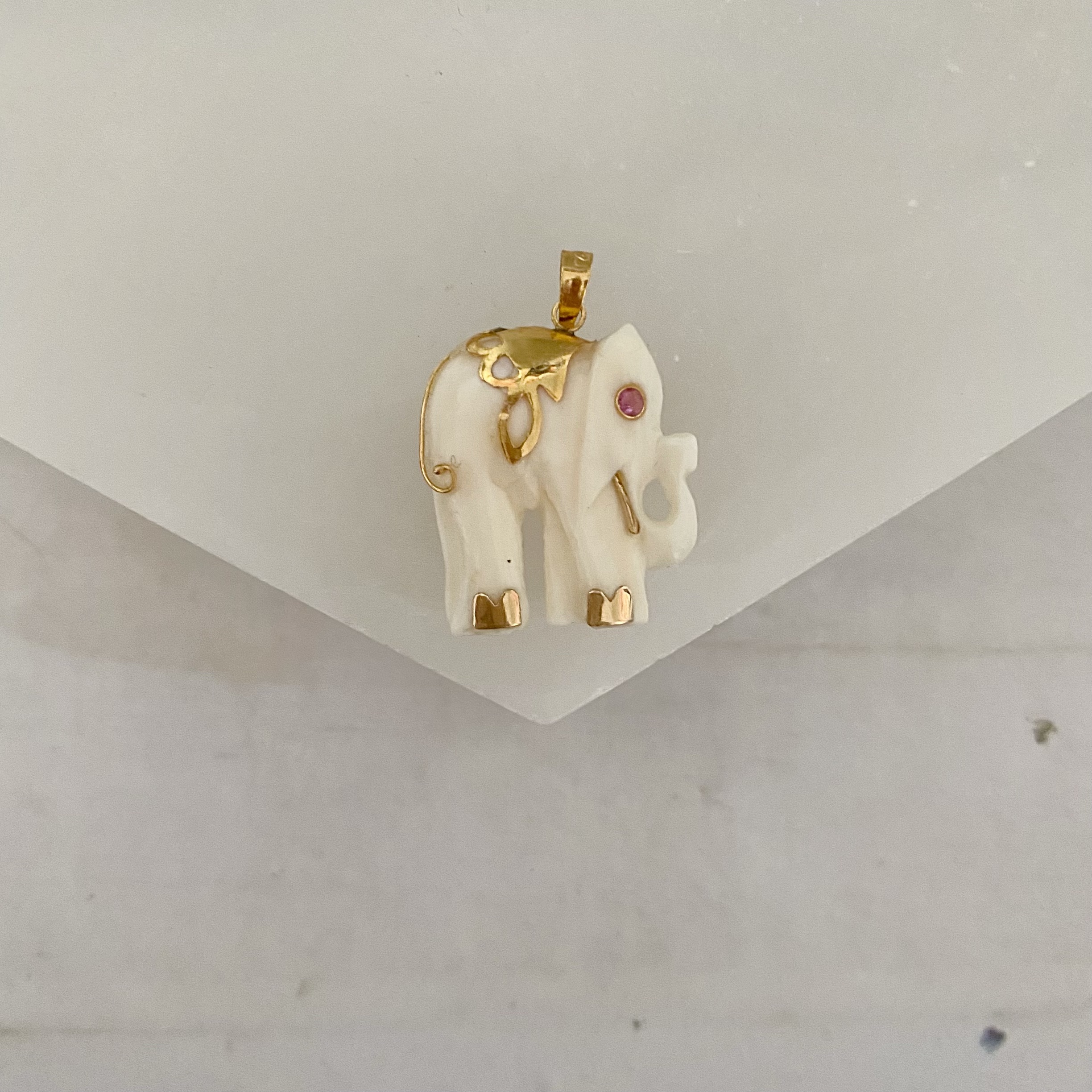 Vintage 14k Gold Accented Small Bone and Ruby Elephant Pendant