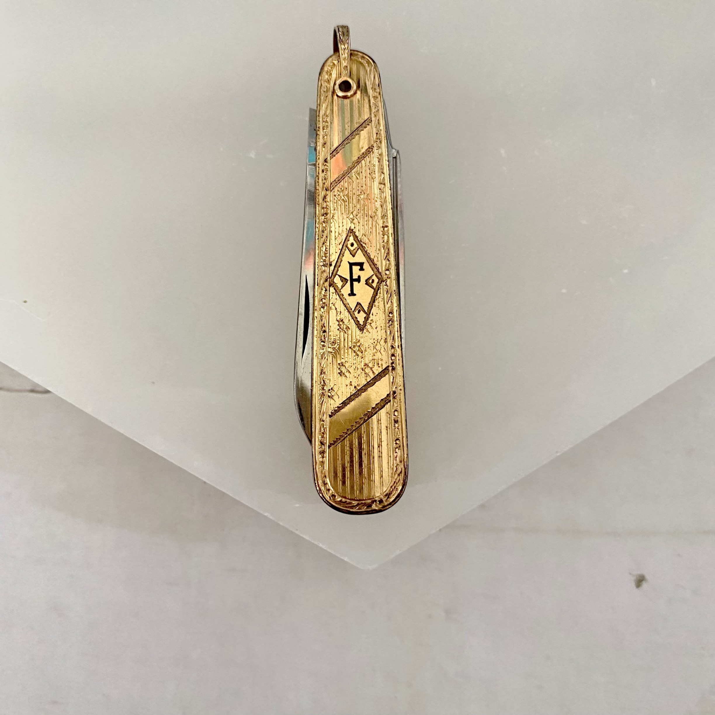 Gold Filled Pocket Knife Fob Engravable Art Deco 20s Engraved Fancy 2024 Chain S&S Maker's Mark Men's Gift Place for Initial For HIM