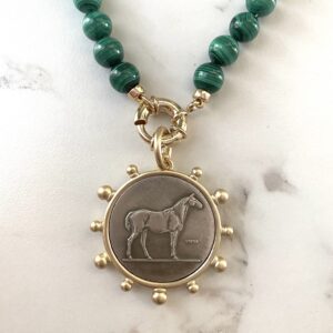 Kya Malachite Hand Knotted Statement Necklace with Repro Two Tone Horse Coin Pendant
