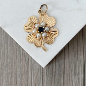 Vintage 14k Gold Pearl and Sapphire Lucky Clover Charm Pendant