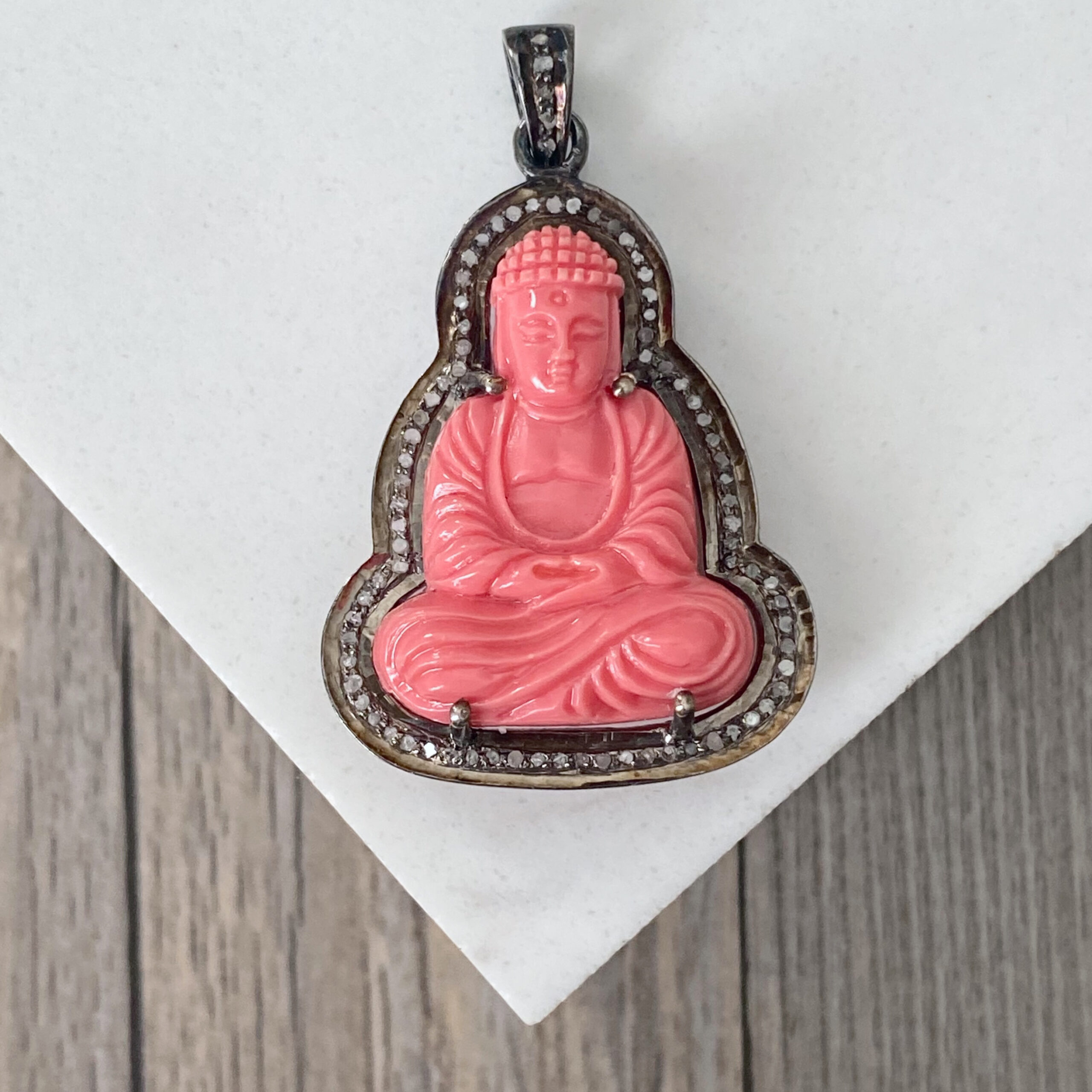 Sterling Silver and Pave Diamond Coral Color Buddha Pendant
