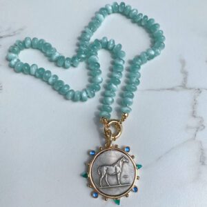 Kyan Green Moonstone Hand Knotted Horse Coin Necklace