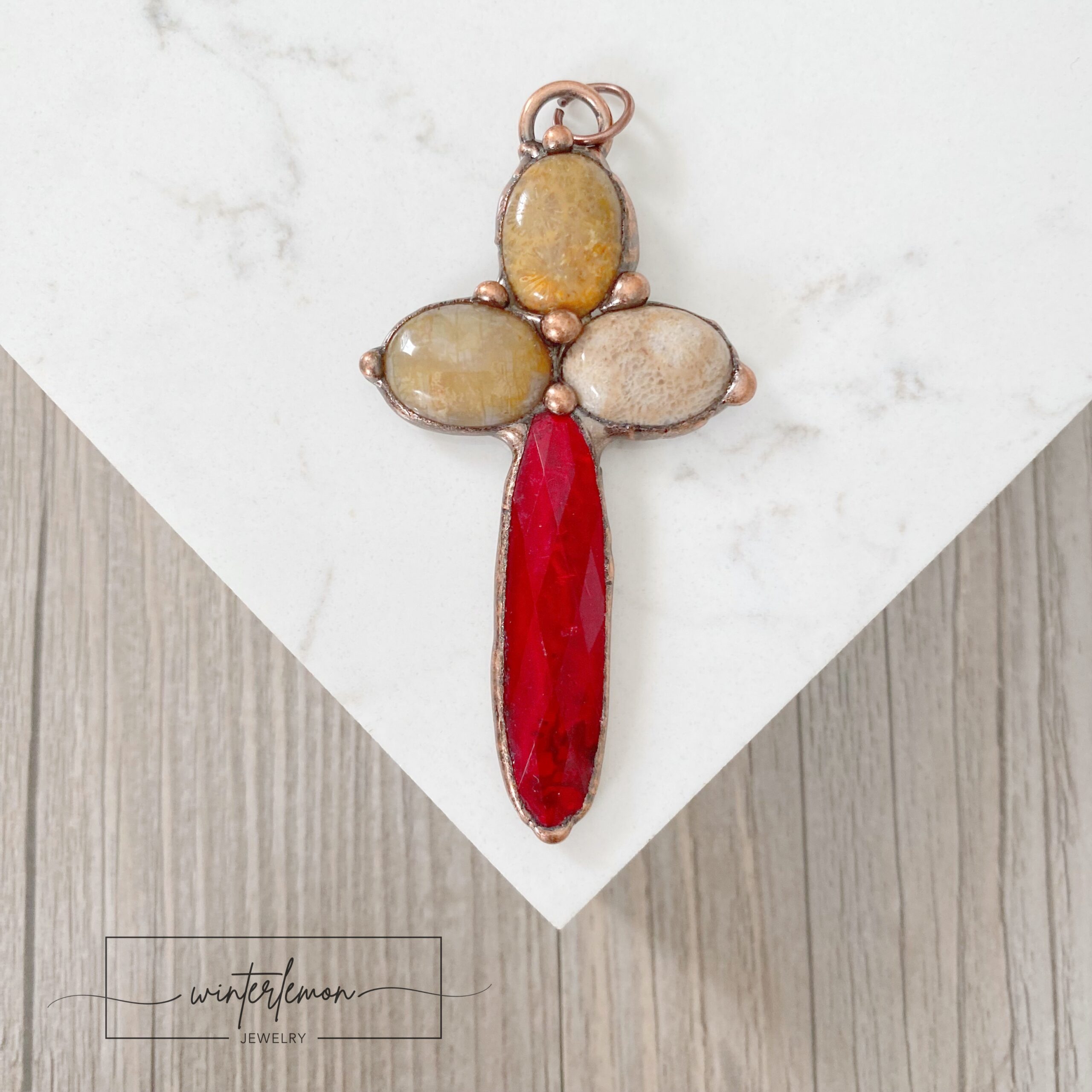 Suneer Stone and Red Crystal Cross Talisman Rose Soldered Pendant ...