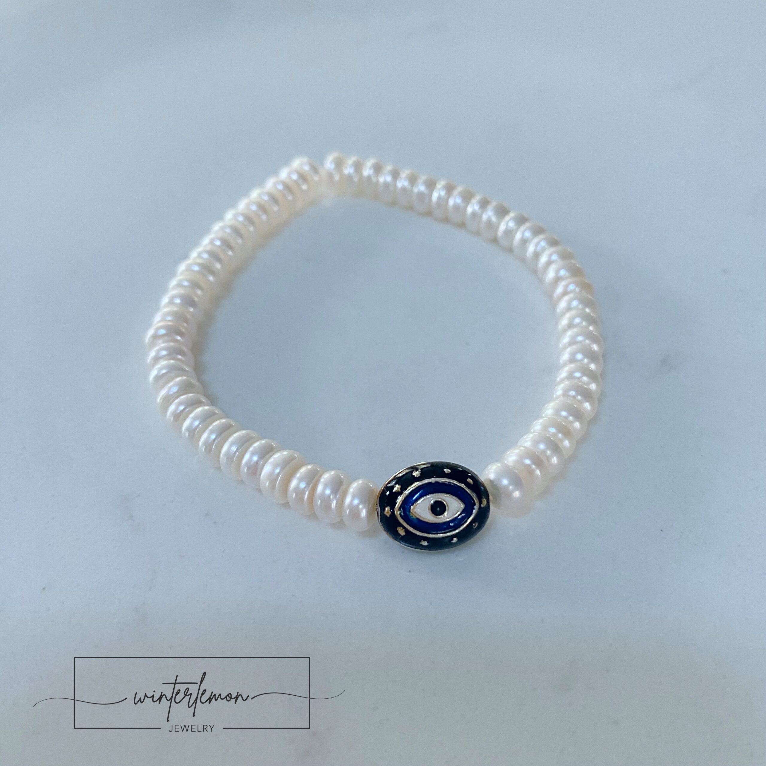 Haydon Freshwater Pearl and Evil Eye Bead Stretch Bracelet WinterLemon