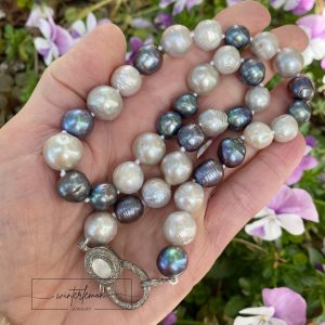 Kira OOAK Mixed Baroque Pearl Silk Knotted Necklace with Moonstone and Diamond Clasp - Image 4