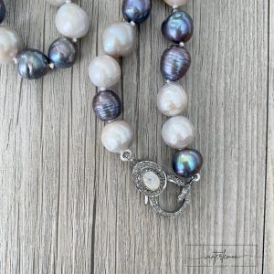 Kira OOAK Mixed Baroque Pearl Silk Knotted Necklace with Moonstone and Diamond Clasp - Image 2