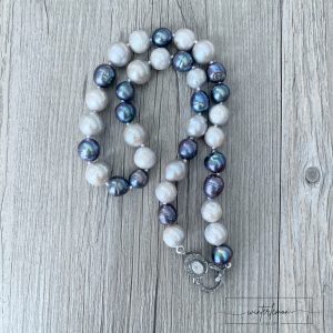 Kira OOAK Mixed Baroque Pearl Silk Knotted Necklace with Moonstone and Diamond Clasp - Image 3