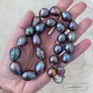 Miori Dark Peacock Baroque Pearl with Ruby and Diamond Lobster Claw - Image 2