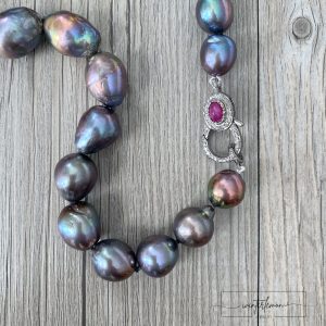 Miori Dark Peacock Baroque Pearl with Ruby and Diamond Lobster Claw - Image 4