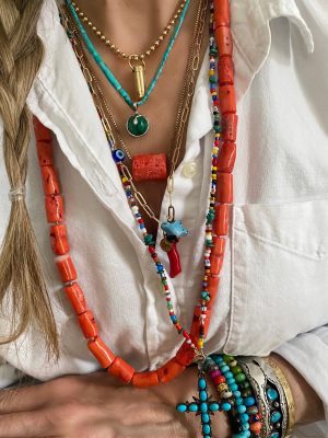 Karlie Orange Bamboo Coral Hand Knotted Open Loop Long Necklace - Image 3