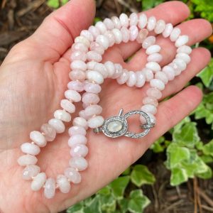 Jolie One of a Kind Silk Knotted Morganite Necklace Moonstone Diamond Clasp - Image 2