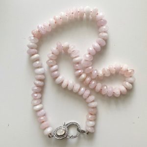 Jolie One of a Kind Silk Knotted Morganite Necklace Moonstone Diamond Clasp - Image 4